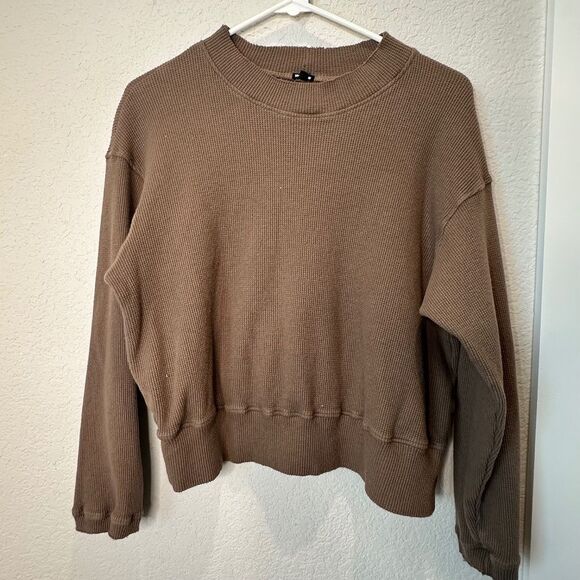 Monrow Chocolate Brown Thermal Mock Neck Drop Shoulder Top - Size L - EUC - Picture 1 of 6